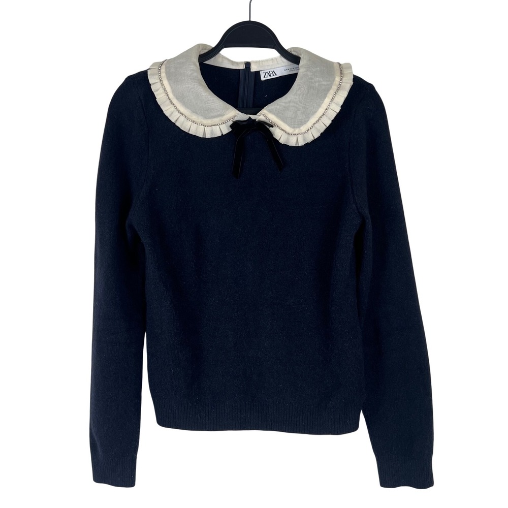 Zara Navy Blue Peter Pan Collar Sweater Rhinestone Velvet Bow Size M Womens